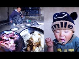 Rita is cooking meat curry for the son Ridam in the village farm house || Life in rural Nepal ||