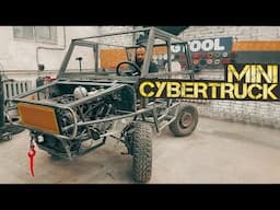 A man in a garage is building a unique mini Cybertruck.