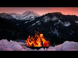 Scenic Winter Sunset Campfire with Snowy Mountain Views and Crackling Sounds