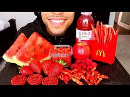 ASMR RED FOODS EDIBLE WATER BOTTLE EATING MCDONALD'S FRIES HOT CHEETOS OREOS FRUITS ORBEEZ MUKBANG