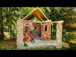 Construction in nature. Built wooden walls for the house