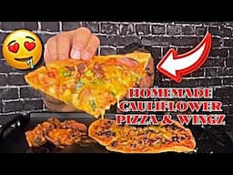 HOMEMADE SUPREME MEAT LOVERS CAULIFLOWER PIZZA  AND HONEY HOT WINGZ MUKBANG 🤤😍| EAT WITH ME