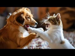 Angry cat vs lovely dog. Dramatic moments