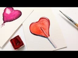 BEGINNER Watercolor heart lollypop painting tutorial » EASY Valentines Day card ideas STEP BY STEP