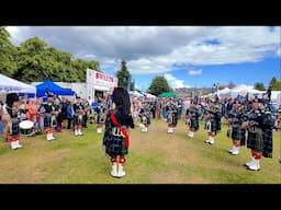 Lonach Pipe Band playing Crossing the Po and Castle Dangerous during 2024 Aboyne Highland Games