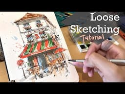 Loose sketching with ink and watercolor |Real time tutorial