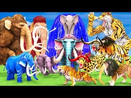 5 Mammoth Elephant Cow vs Giant Tiger Wolf Bull Attack Baby Elephant Animals Crossing Fountain 3D