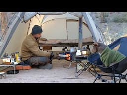 Solo Camping with My Dog . German Sausage & Potatoes . Relaxing in the Hot Tent . Wood Stove ASMR