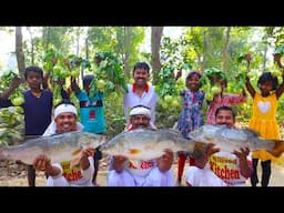 Big size Vetki Fish with Winter Vegetables & Chicken curry cooking for village people