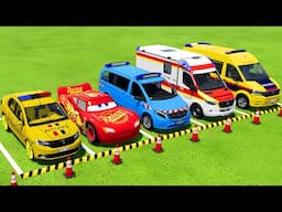 TRANSPORTING POLICE CARS and AMBULANCE VEHICLES WITH TRUCKS TO THE GARAGE ! Farming Simulator 22