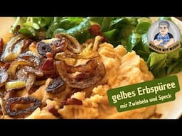 Gelbes Erbspüree mit Zwiebeln und Speck