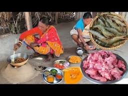 SMALL PRAW FISH cooking And CHICKEN MEAT CURRY in village style by our tribe couple for their lunch.