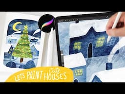 how to paint a winter night landscape in procreate 🌙 EASY procreate tutorial, landscape illustration