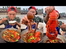 Chinese Fisherman Seafood Mukbang Cooking & Eating Fresh Caught Big & Small Octopus