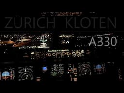 A330 HB-JHC Night Cockpit Landing at Zürich Runway 28, 4K