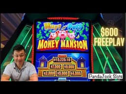 $600 freeplay and a first spin bonus! Huff n Puff Money Mansion