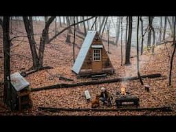 COZY WINTER NIGHT at a Tiny Cabin in the Woods | Campfire Cooking