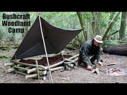 Solo Woodland Bushcraft Camp with Minimal Gear. Poncho Shelter and Raised Bed. Caveman Steak