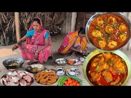 how tribe couple village cooking FISH CURRY And EGG CURRY Recipe for their lunch.