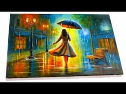 Painting of a Girl Walking in the Rain | Acrylic Painting