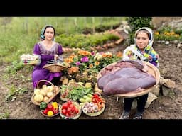 Mix of Cooking Fried Beef Liver Recipe and Tandoori Penjagish Bread in Village