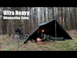 Winter Bike-Packing Forest Camp.  Canvas Half Shelter and Tent Stove.  French Army RCIR Ration Pack.