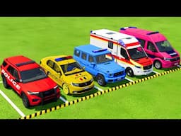 TRANSPORTING DACIA, FORD, VOLKSWAGEN POLICE CARS & MERCEDES AMBULANCE VEHICLES WITH TRUCKS ! FS22