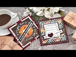 Two 5x5 Layered Cards with patterned Paper and Ephemera | Photoplay Music Notes 12x12 Collection