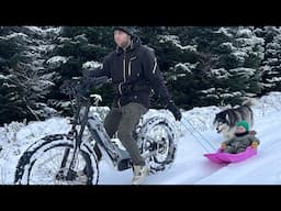 Sledging With An Electric Bike! The Perfect Snow Travel With Sled Dogs Too!!