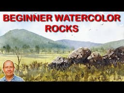 Easy beginner watercolor rocks in the landscape lesson. Simple techniques - creating realistic rocks