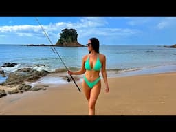 Girl Fishing Alone On Remote Beach | Exploring Secluded Coastal Areas - Fishing Trip