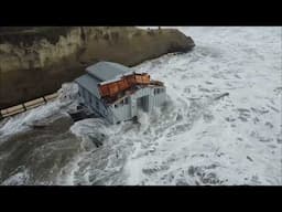 Flooded bathrooms washed off wharf in Santa Cruz (Drone POV)