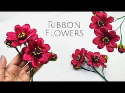 DIY ribbon flowers/how to make chocolate Cosmos flowers with satin ribbon/flower making tutorial