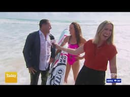 Karl Stefanovic goes surfing in his suit live on the Today show