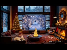 Cozy Christmas Living Room Ambience | Snowfall, Crackling Fireplace & Relaxing Piano Music