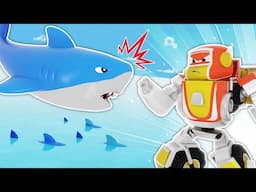 Watch out! ALIEN ROBOT created an army of SHARK clones! Help, SUPER ROBOT! - Transformer Robot Car E