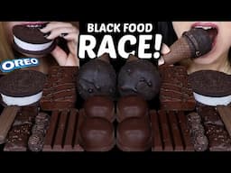 ASMR BLACK FOOD RACE! OREO ICE CREAM CONES, DARK KITKATS, CHOCOLATE MARSHMALLOW, DUBAI CAKES 먹방