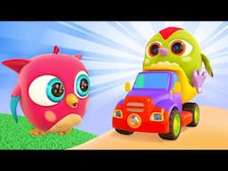 Hop Hop the owl and Peck Peck the woodpecker are playing with a dump truck and a tractor.