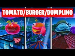 Dance inside a holographic Tomato head, Durr Burger head, on top of a giant Dumpling head - Fortnite