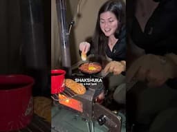 Solo winter camping hot tent meal: shakshuka