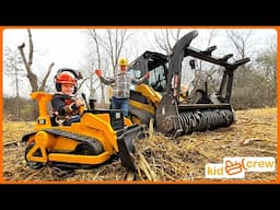 Clearing rotten trees with kids ride on bulldozer and forestry skid steer. Educational | Kid Crew