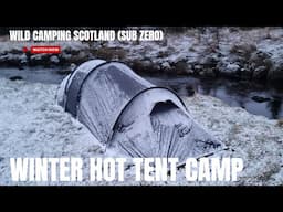 Winter hot tent camping. Group camp in a palace. Wild camping Scotland in the snow.