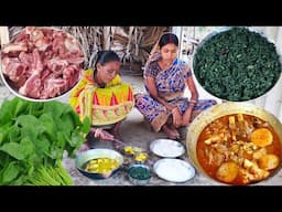 MUTTON CURRY And  SHAK VAJI cooking &eating by  our tribe village couple||