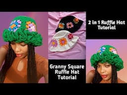 Crochet granny square ruffle hat tutorial for beginners / 2 in 1 Crochet bucket hat tutorial