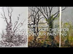 BEGINNERS INK TREE SKETCHING for Watercolor, Simple LOOSE Watercolour Landscape PAINTING  DEMO