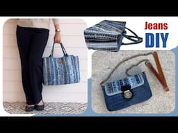 2 Ideas sewing transform hem of jeans into hand bag and pouch bag ,DIY handbag with compartment