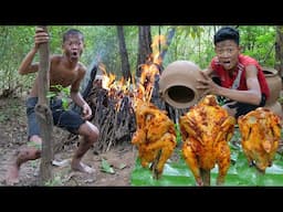 Big chicken,cooking in clay pot recipes | Primitive technology