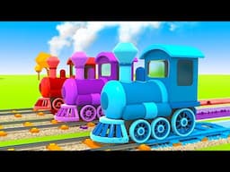 Three colorful trains transport tractors, farm animals, and fruits by the railway.