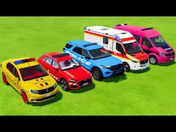 TRANSPORTING DACIA, AUDI, FORD, VOLKSWAGEN POLICE CARS & MERCEDES AMBULANCE CAR WITH TRUCKS ! FS22