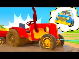 The red tractor needs help! The police car saves farm vehicles for kids. NEW car cartoons for kids.